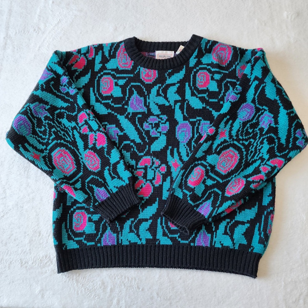 Vintage 80s Sweater Womens Medium Black Pink Abstract Floral Colorful Knit Retro